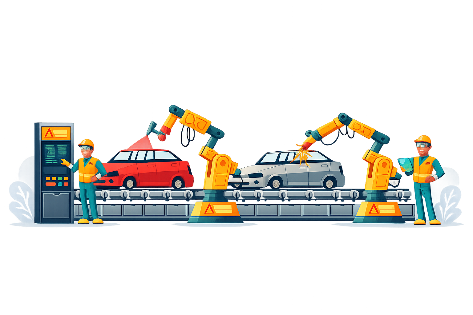 Isometric illustration of an electric vehicle manufacturing plant with robotic arms, assembly lines, workers, and automated production systems in a modern factory environment.