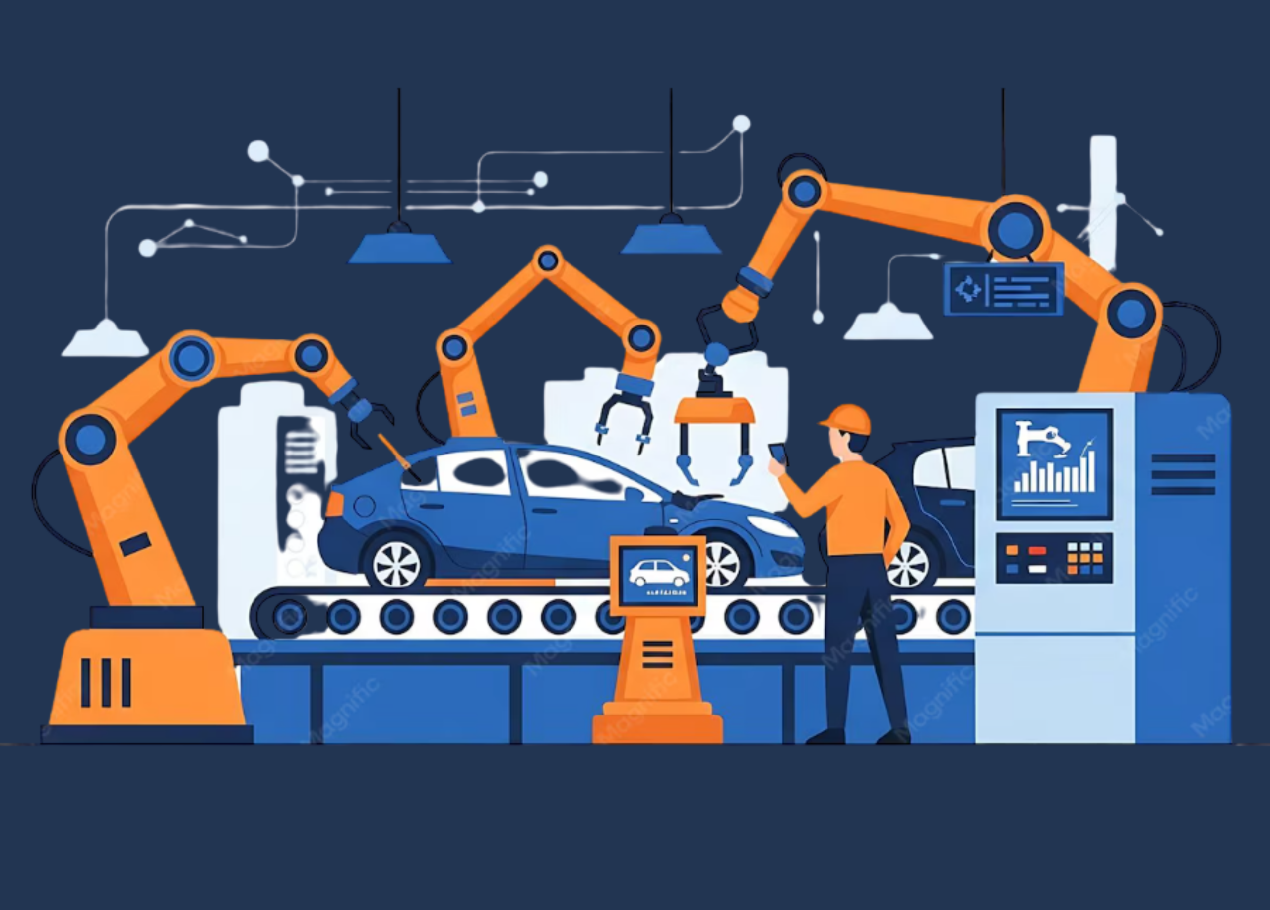 Automotive manufacturing assembly line with robotic arms, conveyor systems, and automated car production in a smart factory environment.
