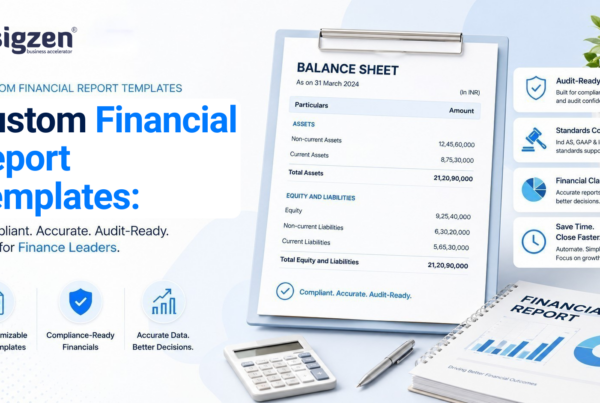 Illustration of custom financial report templates with a balance sheet, financial report charts, and compliance-ready accounting features for ERP and audit reporting.