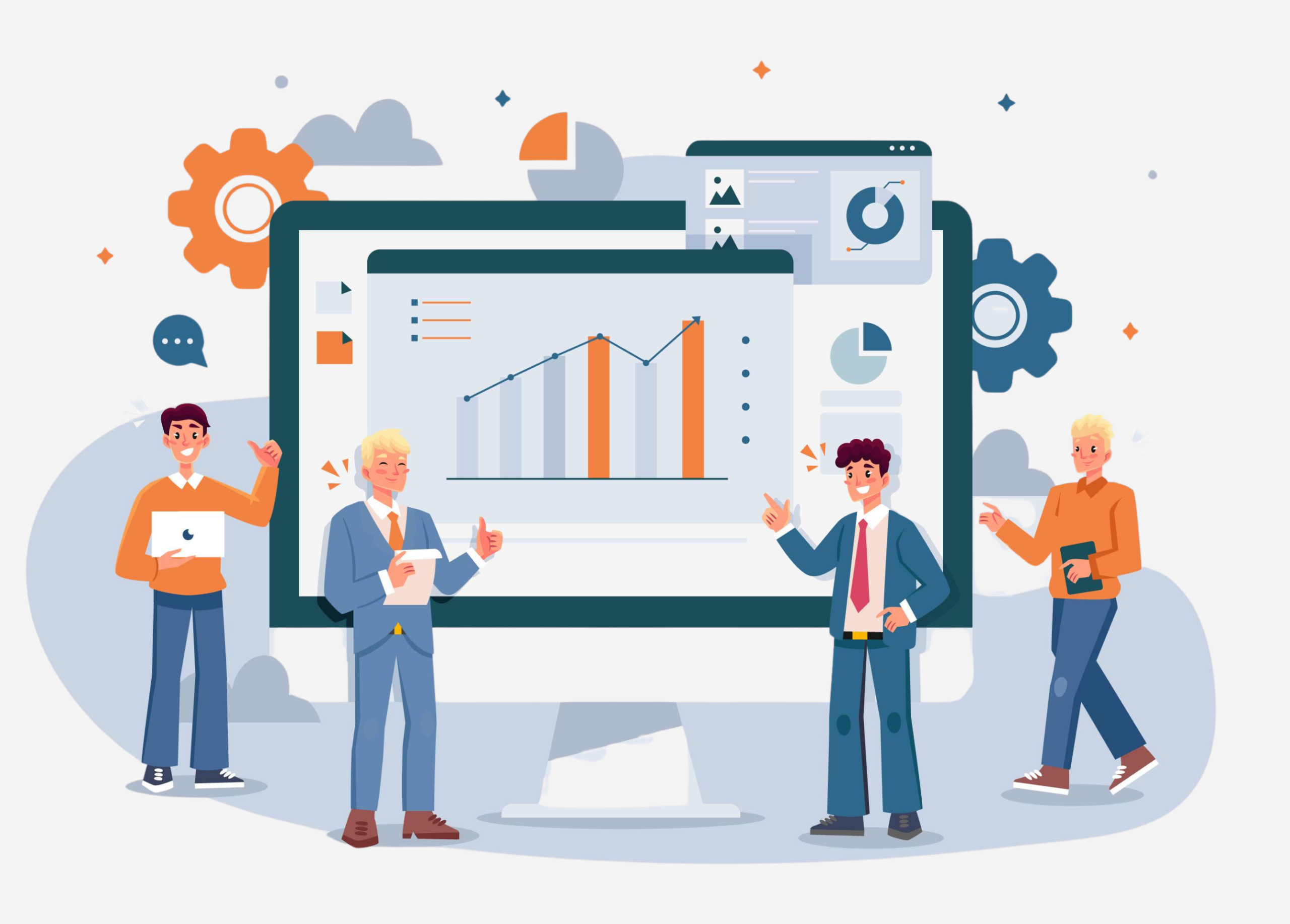 Illustration of a pharmaceutical manufacturing team using integrated digital tools and analytics dashboards to monitor production performance, workflows, and operational efficiency.