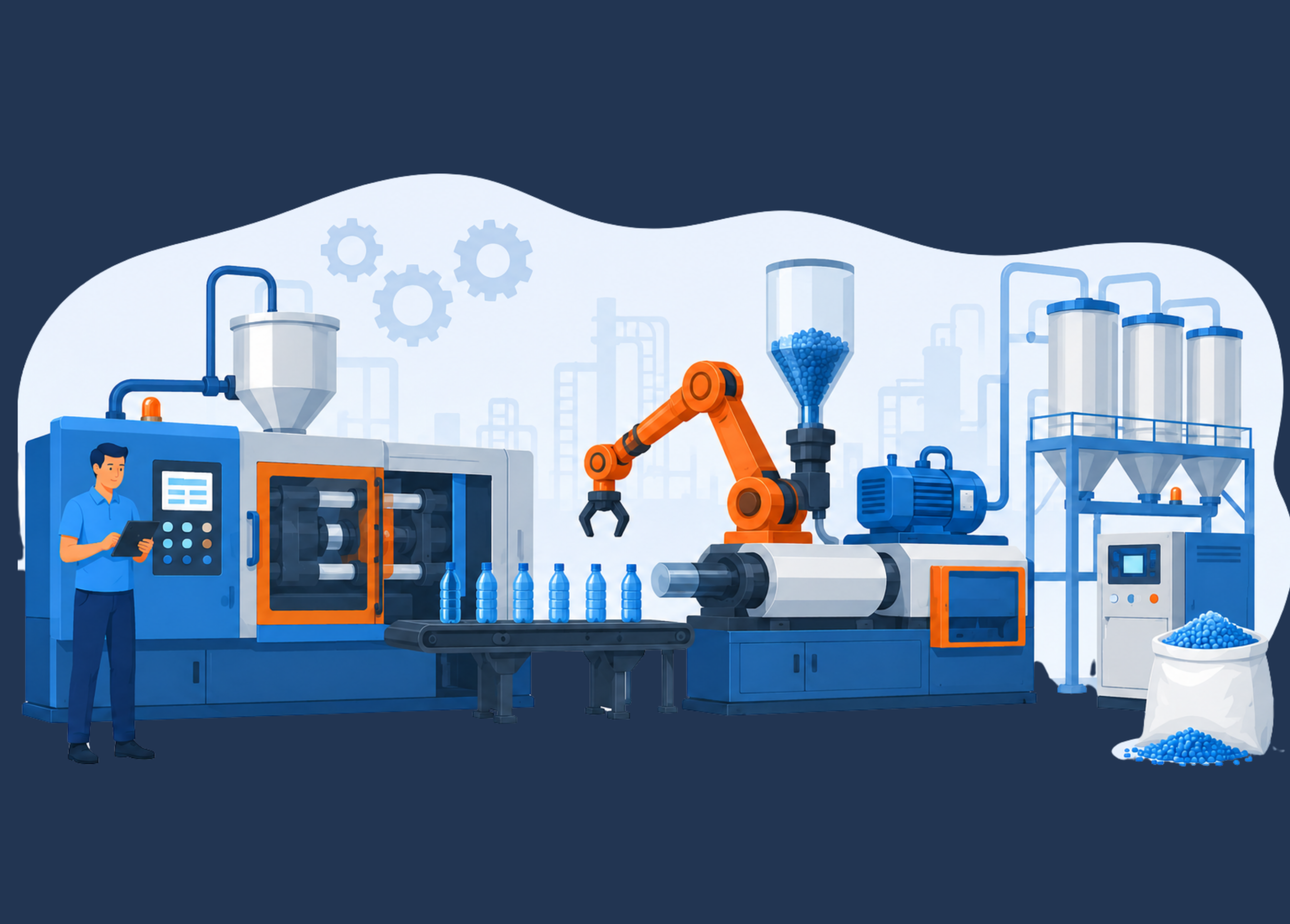 Illustration of a plastic and polymer manufacturing industry with automated machinery, robotic arms, conveyor belts, and bottle production systems.