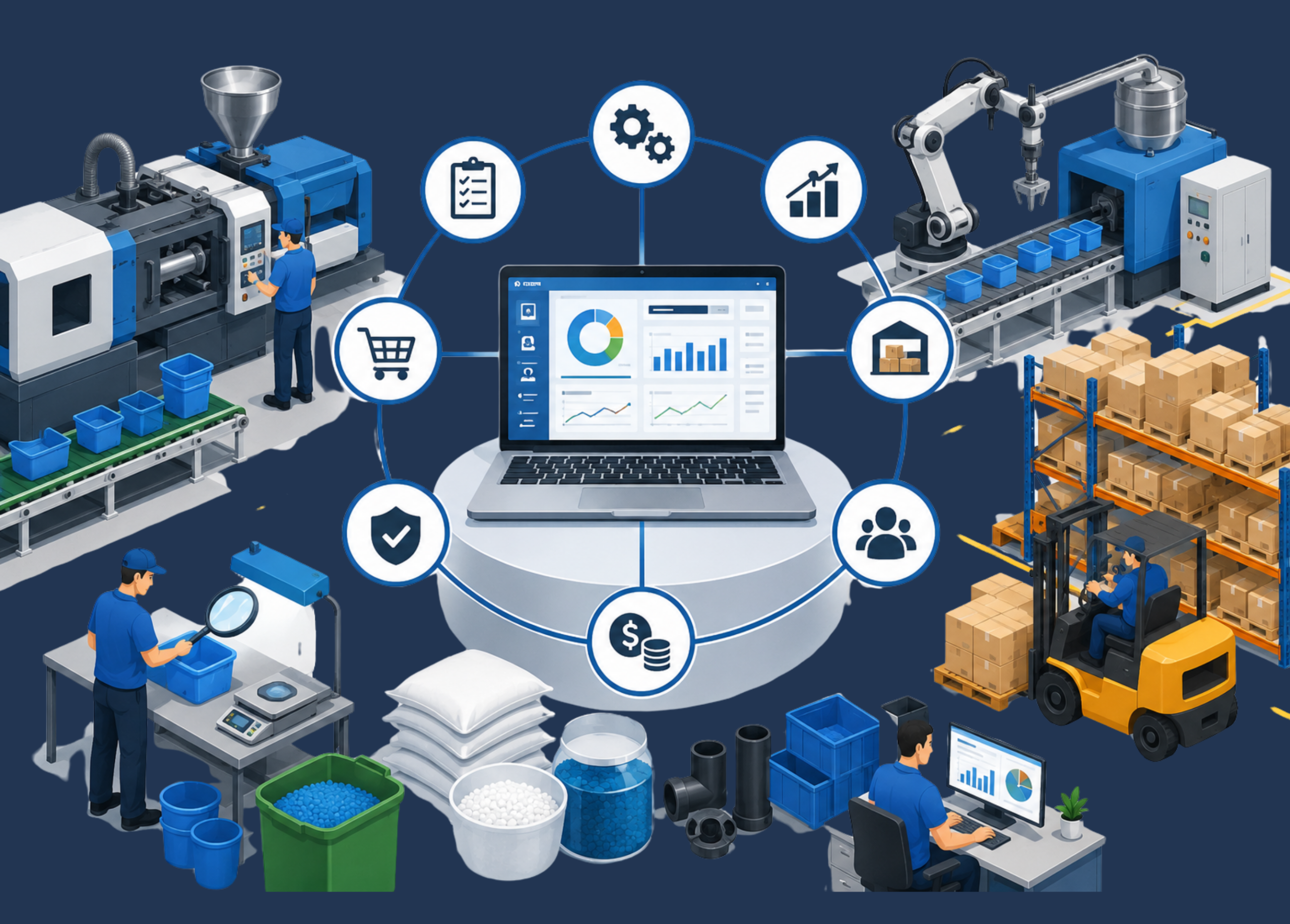 Illustration of a plastic and polymer manufacturing industry with automated machinery, robotic arms, conveyor belts, and bottle production systems.