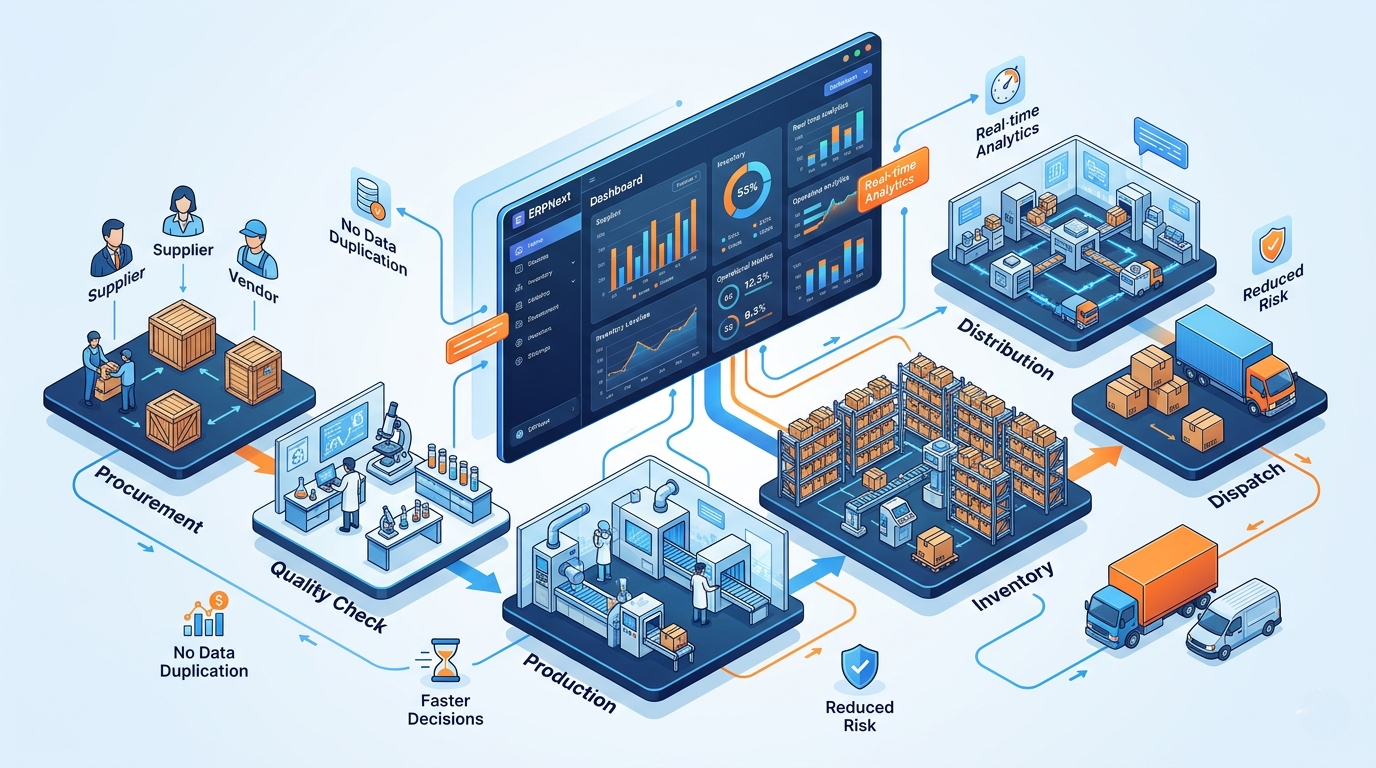 ERPNext pharma supply chain dashboard showing batch tracking and inventory management