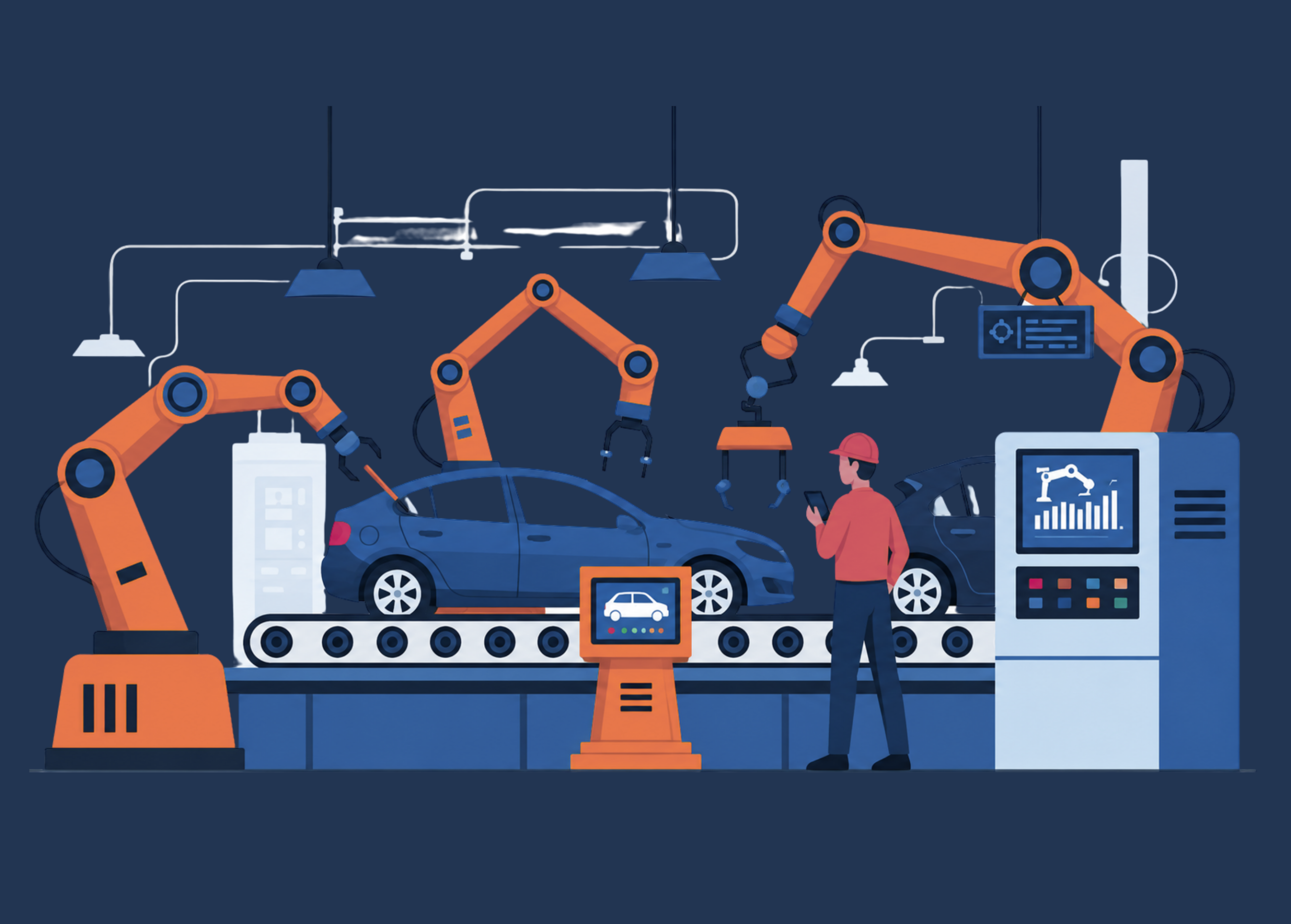 Automated automotive manufacturing line with robotic arms assembling vehicles while a worker monitors production through a digital control system.