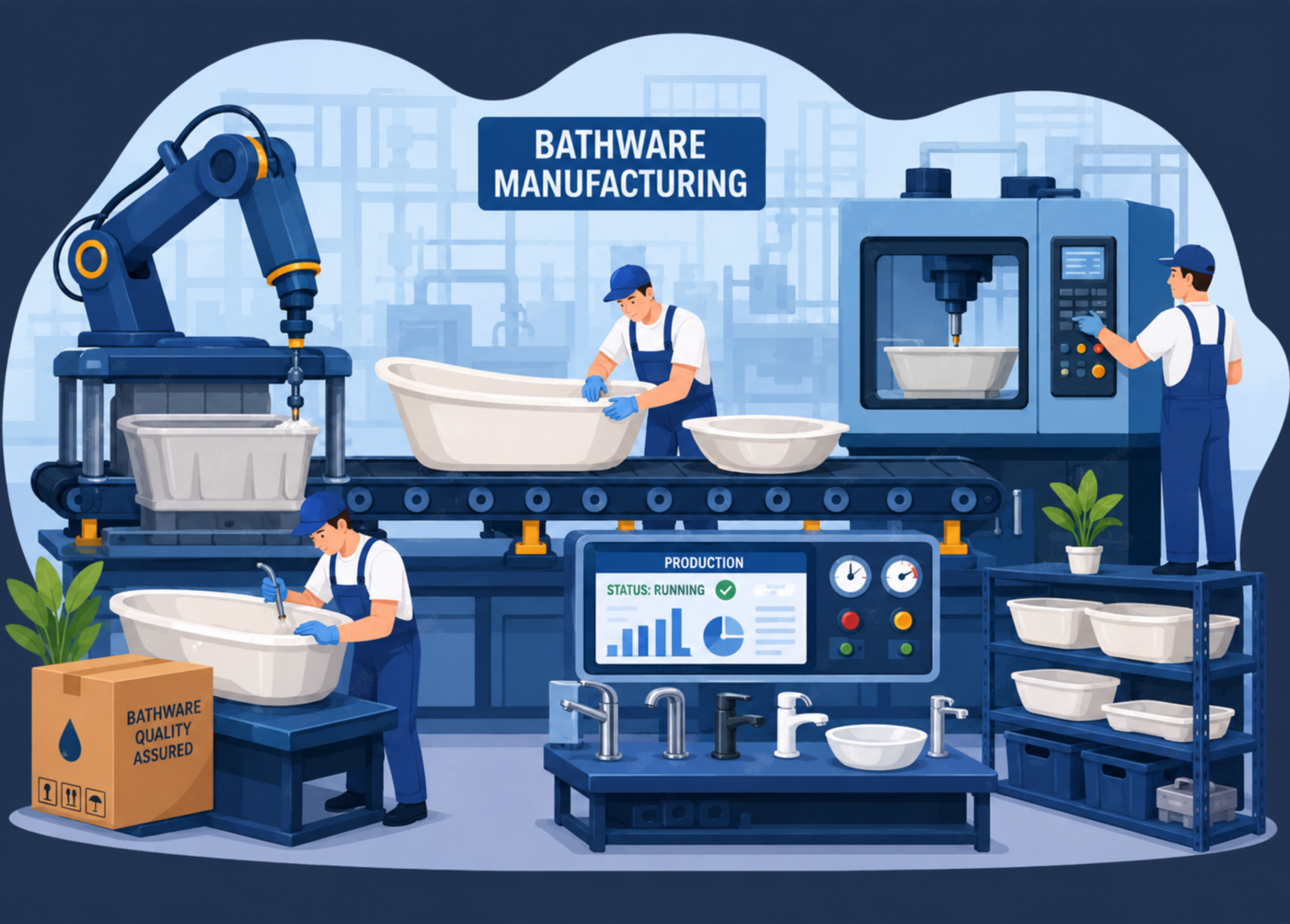 Bathware manufacturing factory illustration showing automated bathtub and sink production machines, quality inspection workers, conveyor systems, faucets, and modern industrial equipment.