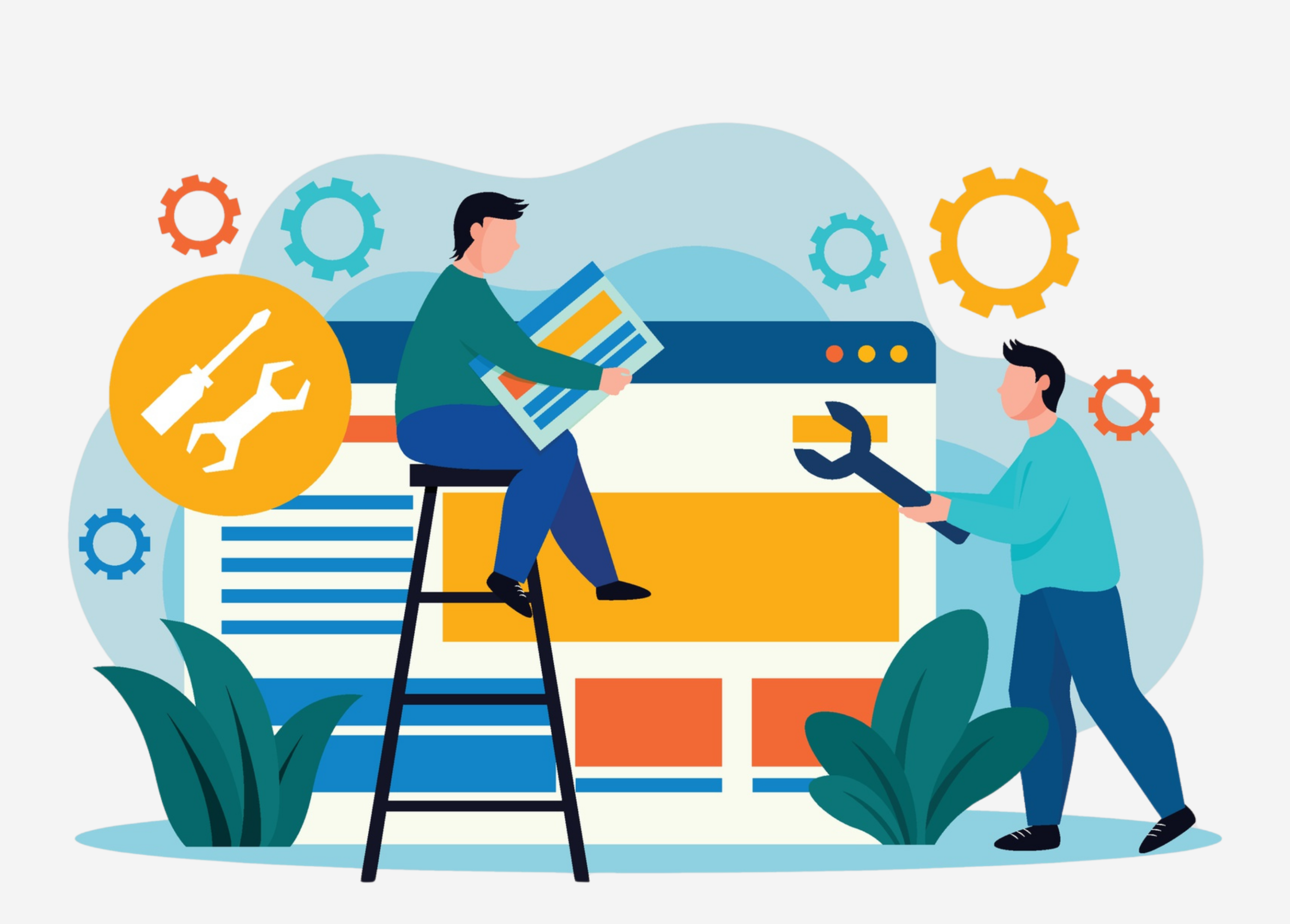 Illustration of software maintenance and system management with technicians updating a digital platform, surrounded by tools, gears, and workflow elements.