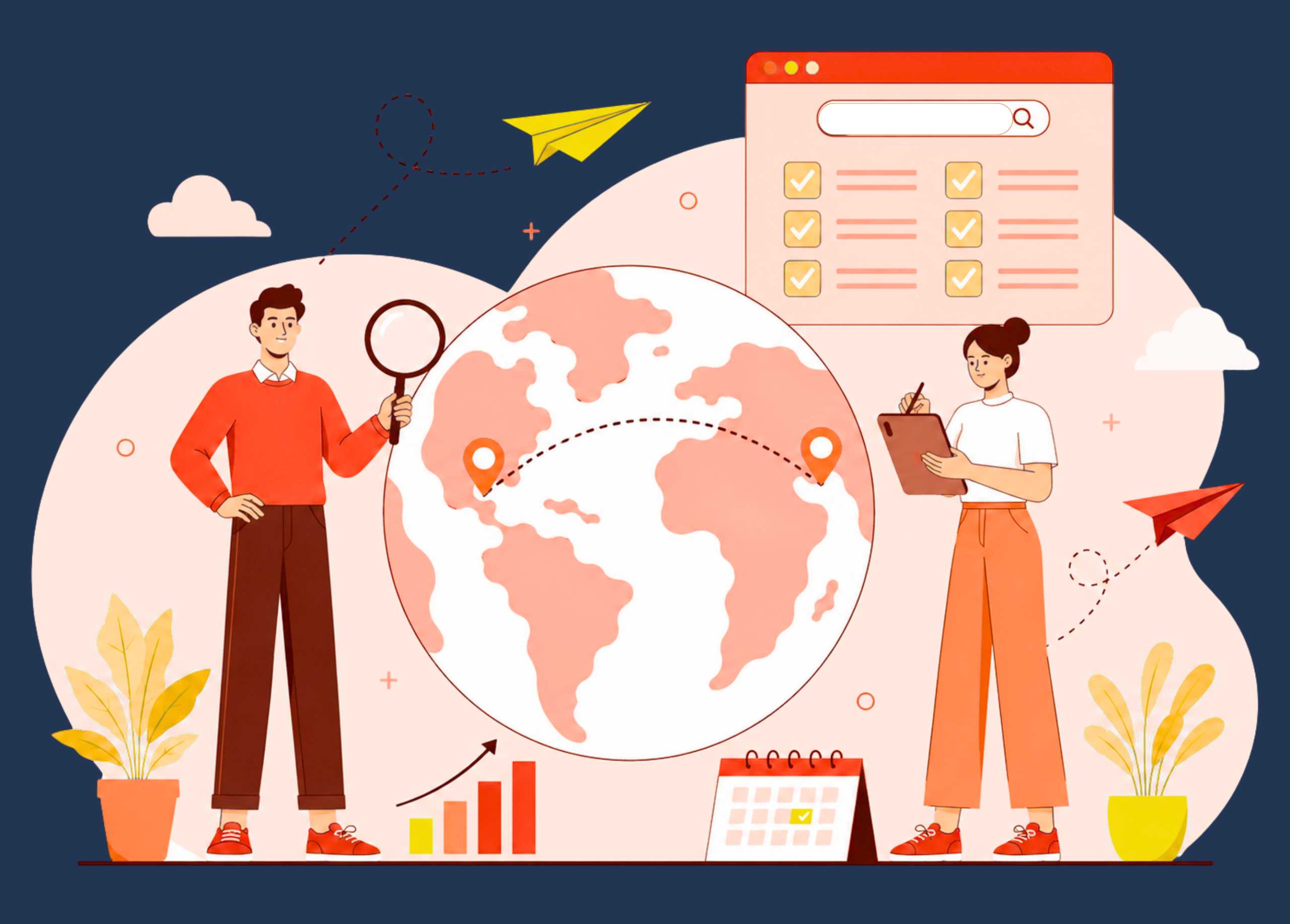 Business professionals analyzing global market locations and city growth opportunities with digital planning dashboard.