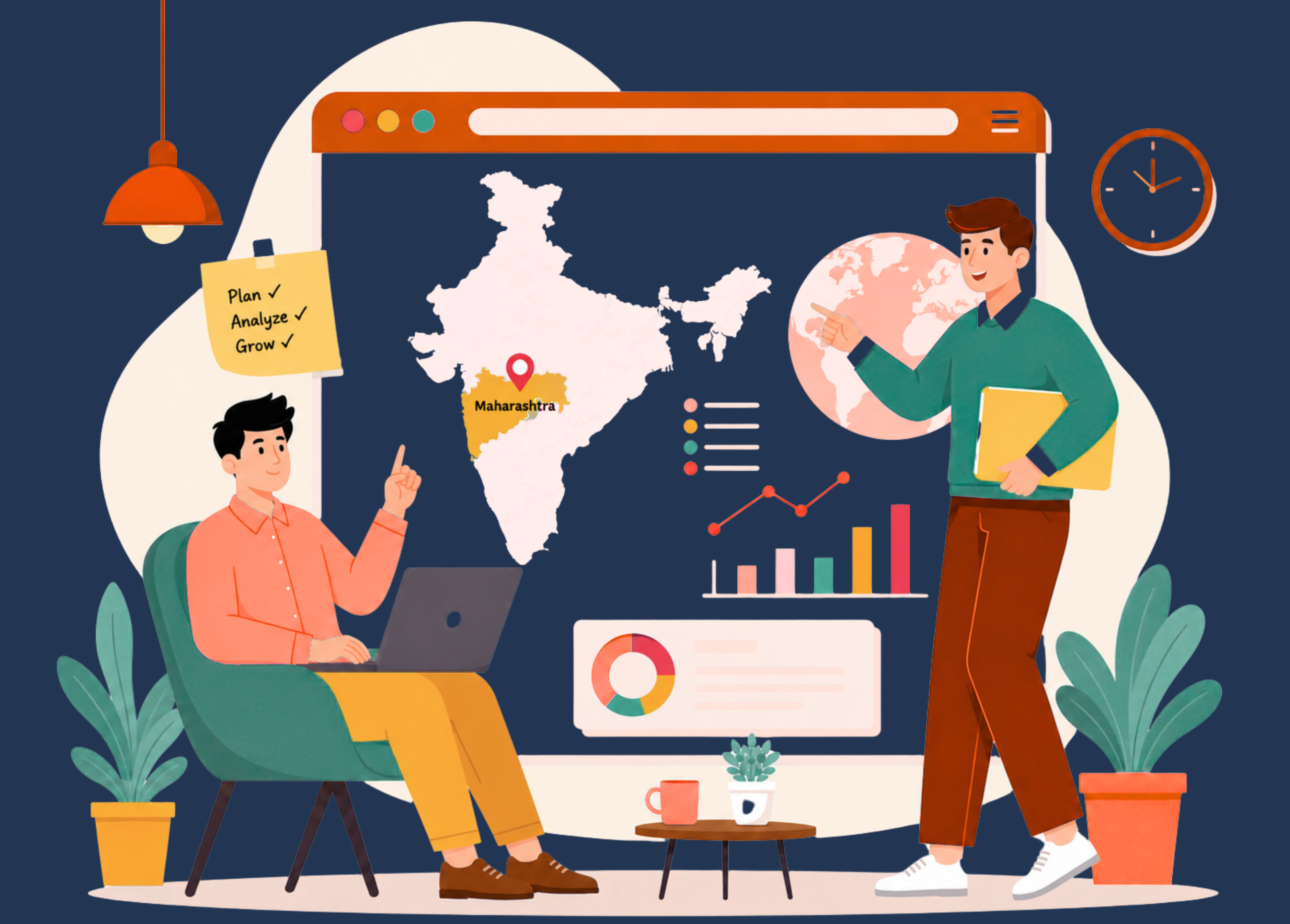 Illustration of ERPNext implementation across Maharashtra, featuring business professionals analyzing data dashboards, digital transformation metrics, and operational insights with Maharashtra highlighted on the India map.
