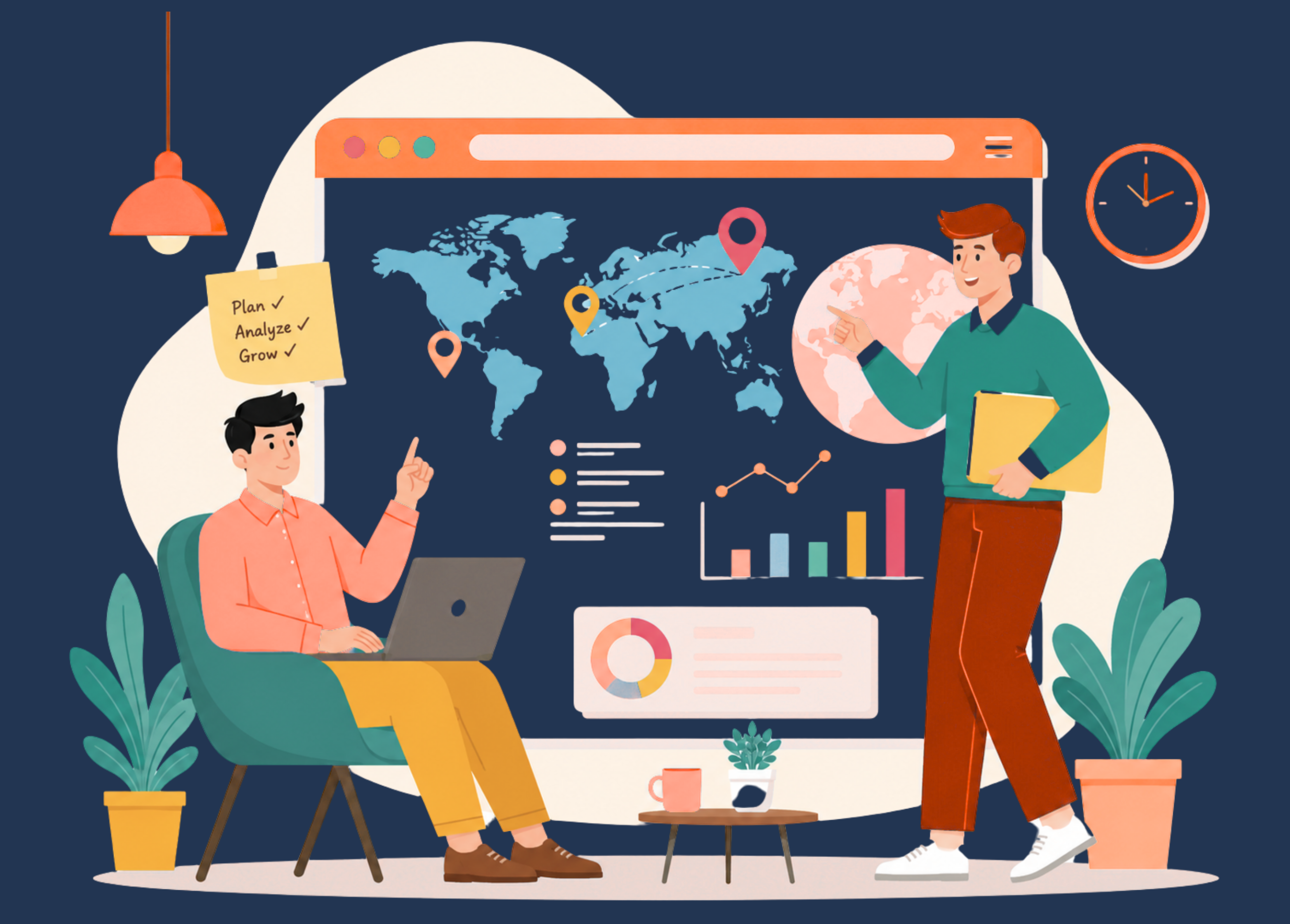 Illustration of ERPNext implementation across Africa showing business professionals analyzing operations, global expansion strategy, digital transformation, and performance dashboards on an interactive world map.