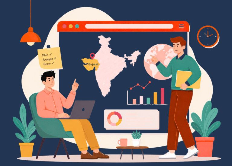 Illustration of ERPNext implementation across Gujarat, featuring business professionals reviewing analytics dashboards, digital transformation metrics, and operational insights with Gujarat highlighted on the India map.
