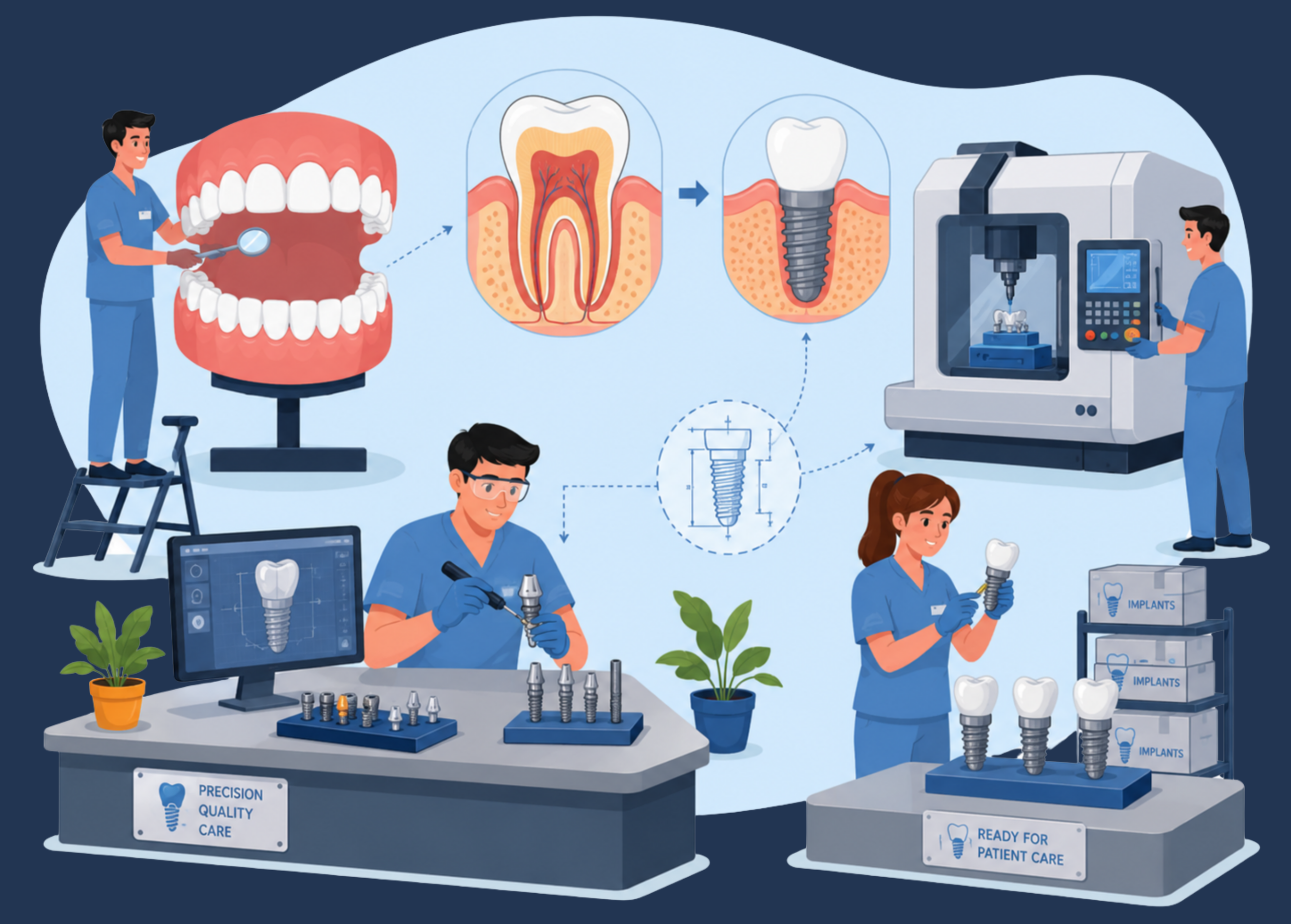 Dental implant manufacturing illustration showing workers producing dental implants with precision equipment, quality control processes, and ERP-enabled manufacturing operations