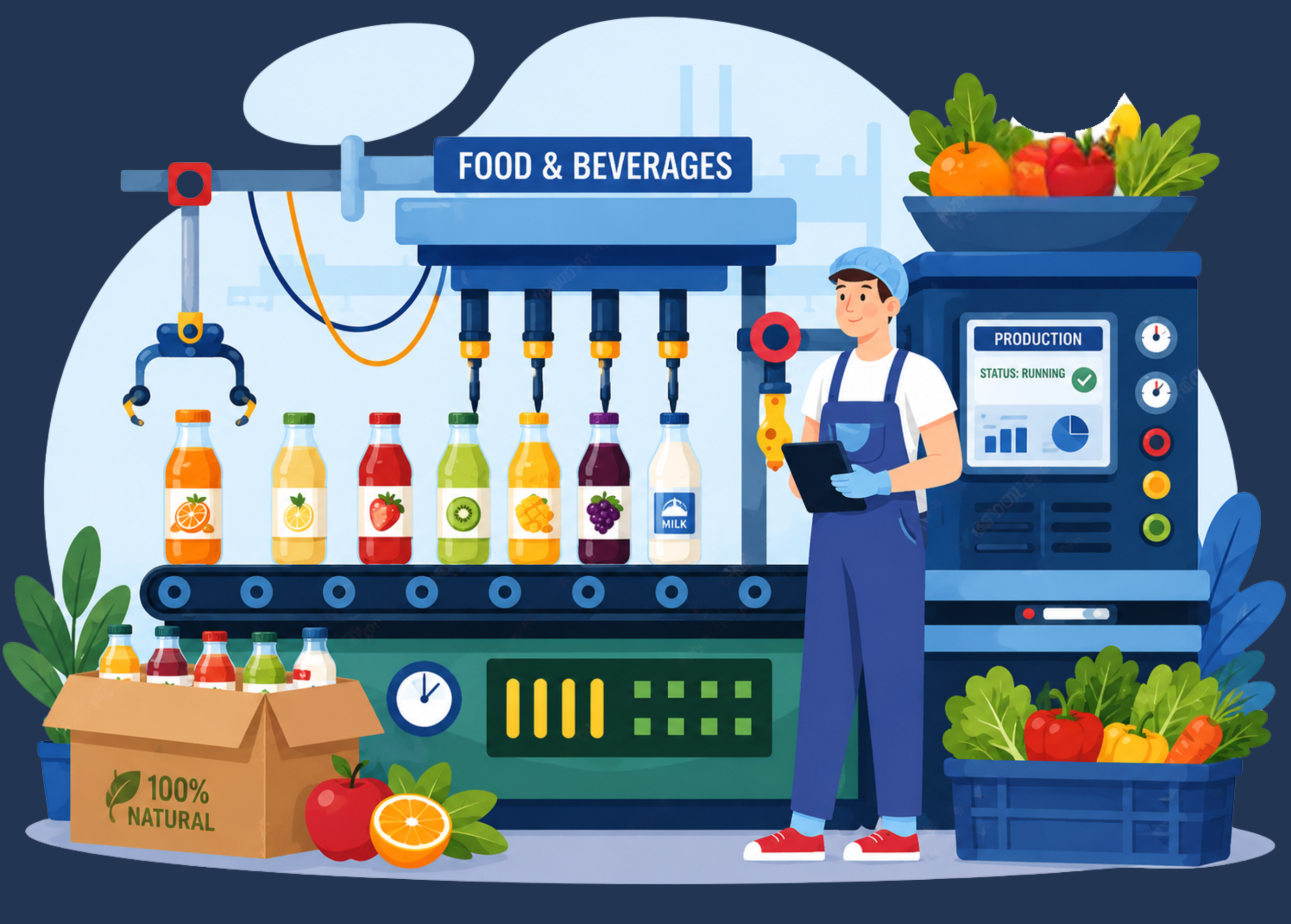 Illustration of an automated food and beverage manufacturing line with bottle filling, packaging, quality control, and production monitoring.