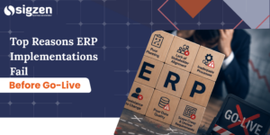 ERP implementation failure banner highlighting common ERP go-live challenges such as poor planning, data quality issues, stakeholder misalignment, and change resistance.