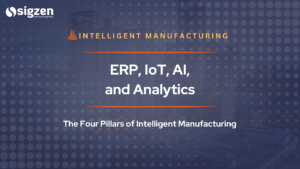 Banner image for a blog on Intelligent Manufacturing highlighting ERP, IoT, AI, and Analytics as the four pillars of modern manufacturing transformation.