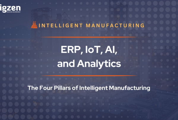 Banner image for a blog on Intelligent Manufacturing highlighting ERP, IoT, AI, and Analytics as the four pillars of modern manufacturing transformation.