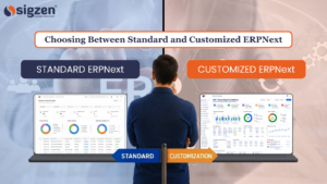 Business professional comparing Standard ERPNext and Customized ERPNext dashboards to choose the right ERP solution for business operations.