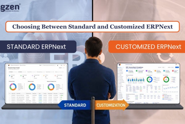 Business professional comparing Standard ERPNext and Customized ERPNext dashboards to choose the right ERP solution for business operations.
