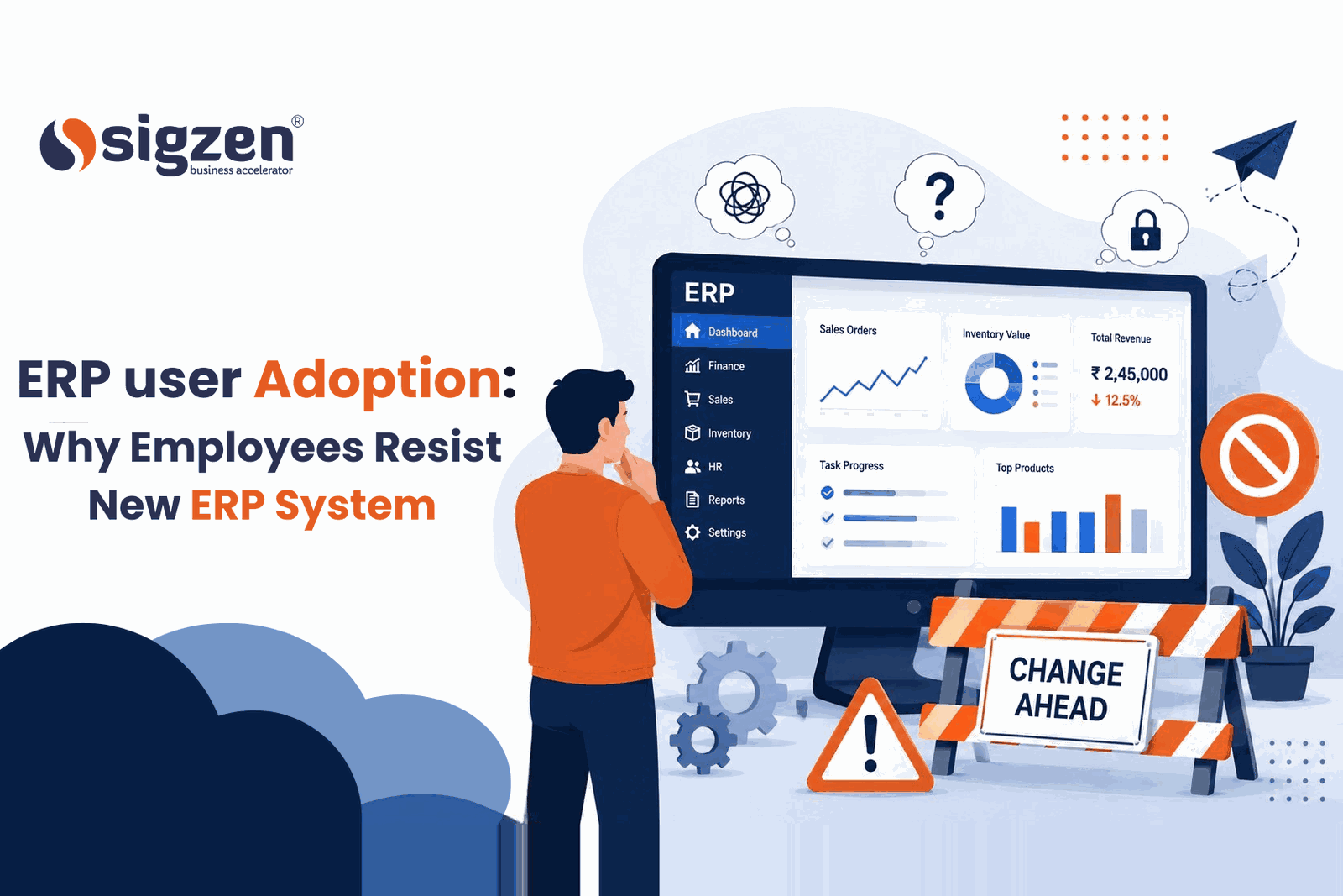ERP user adoption banner showing an employee facing a new ERP system dashboard and change management challenges