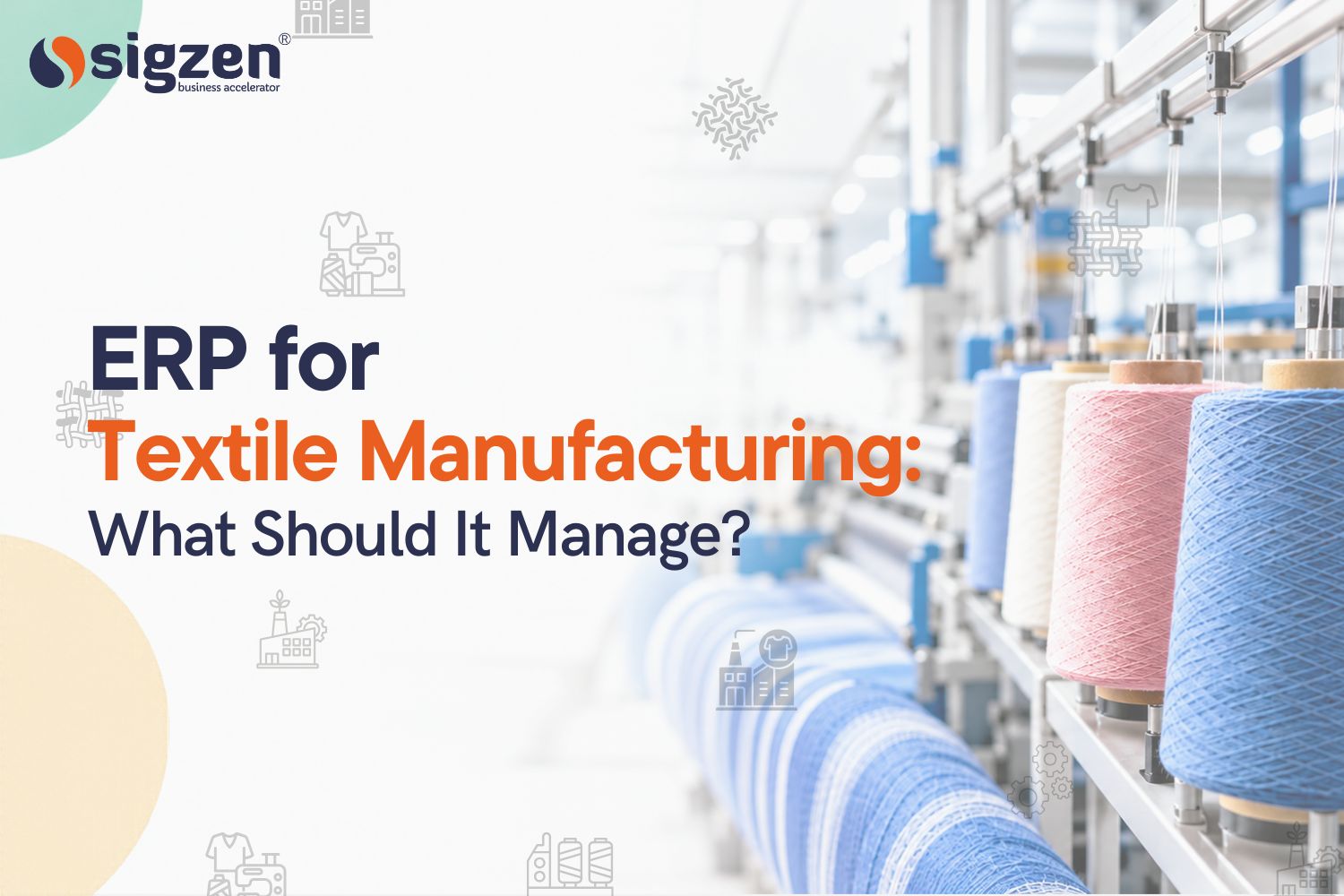 ERP for textile manufacturing featuring industrial yarn spinning machines and colorful yarn cones in a textile production facility.
