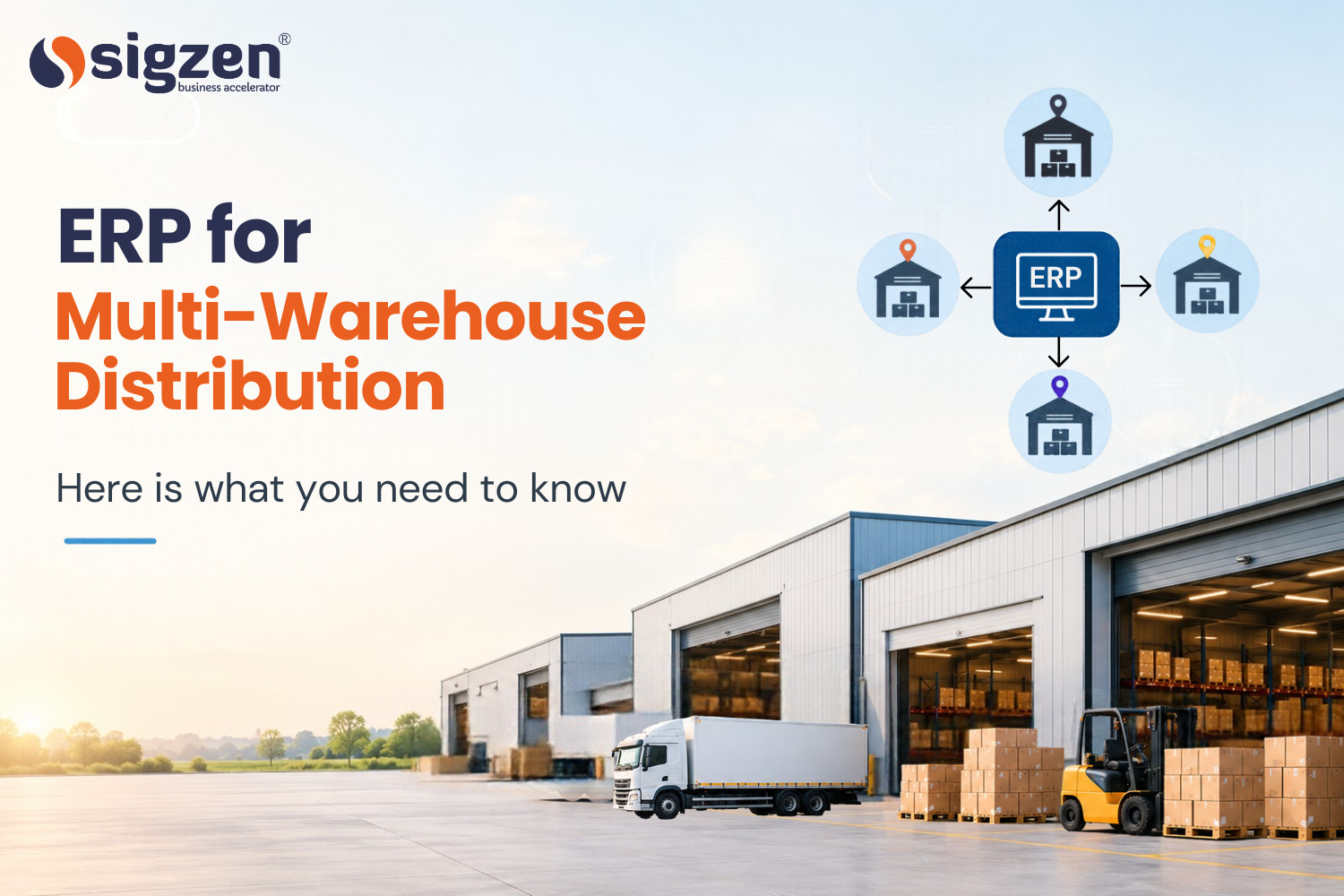 Sigzen ERP for multi-warehouse distribution, connecting multiple warehouses for efficient inventory management and logistics.