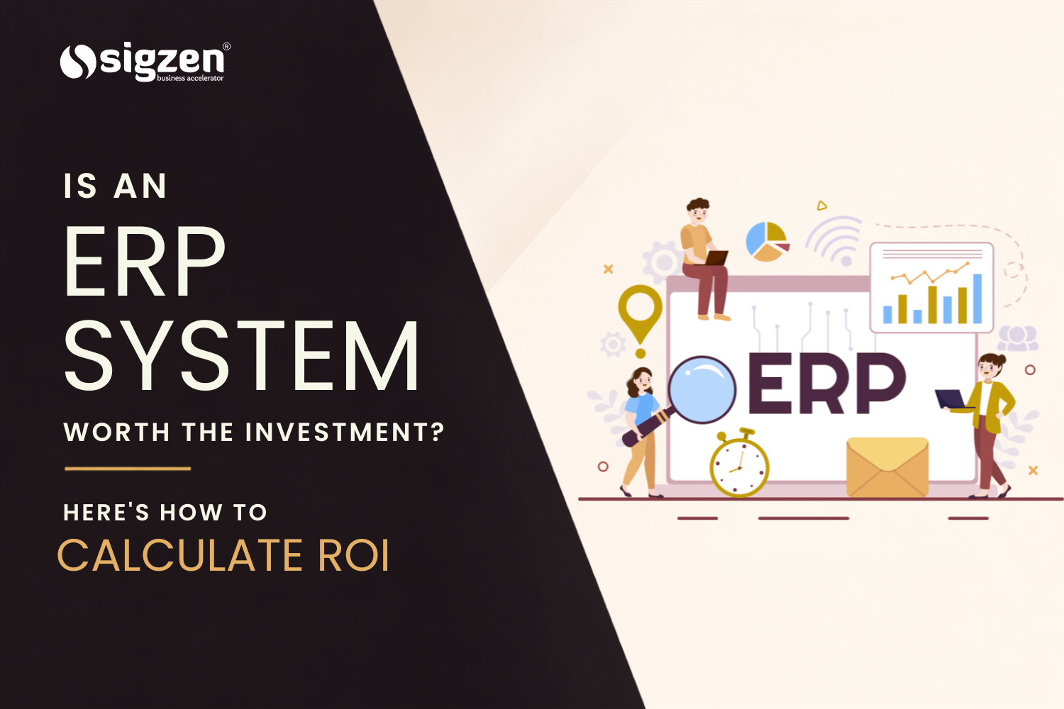 ERP system investment and ROI calculation illustration with business analytics and ERP dashboard.
